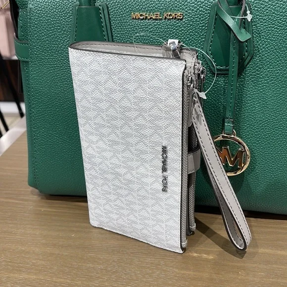 MICHAEL KORS LARGE DOUBLE ZIP WRISTLET Wallet Phone Case Holder Bright White